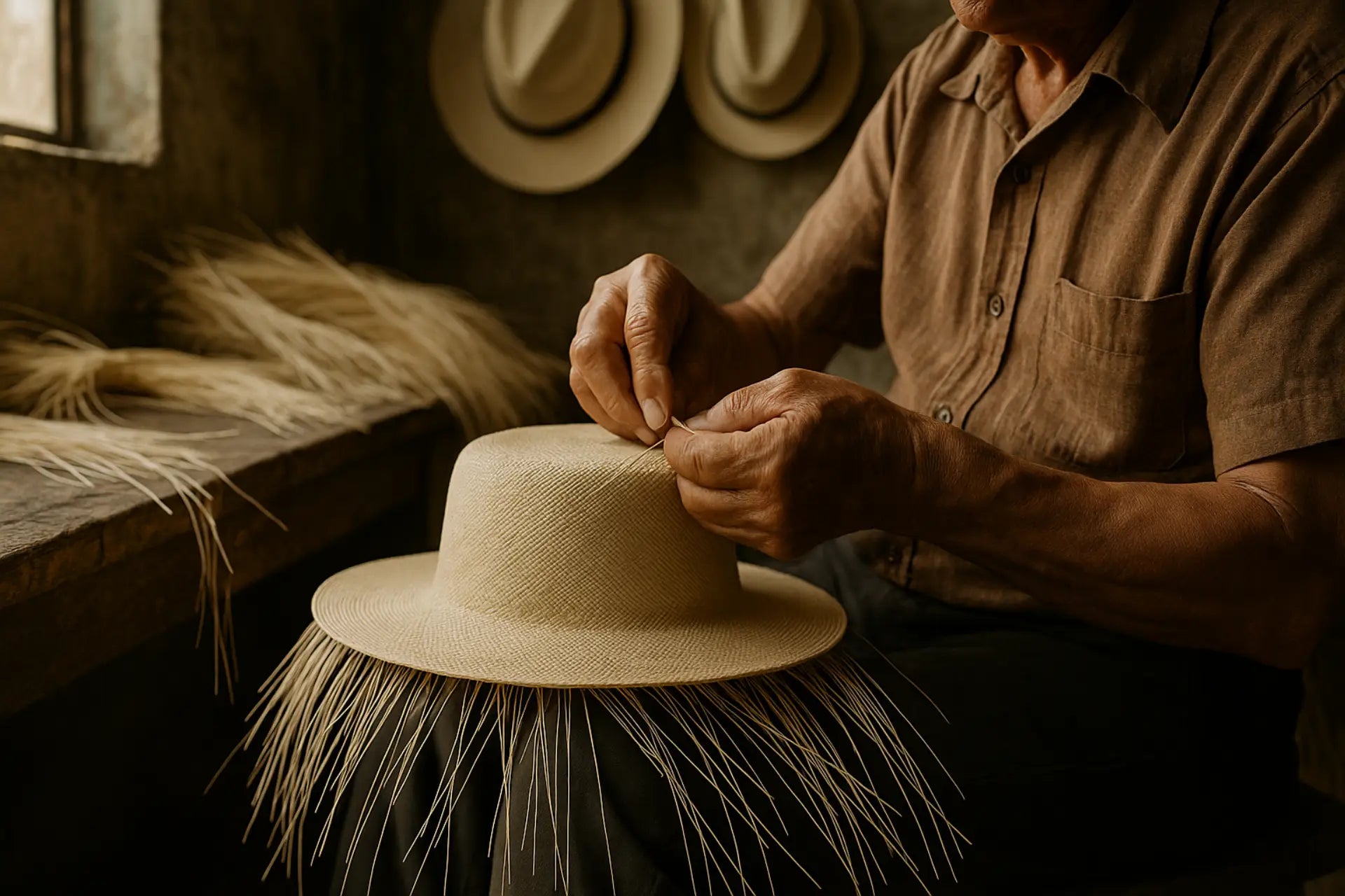 Artigiano ecuadoriano che tesse cappello Panama con paglia toquilla tradizionale patrimonio UNESCO