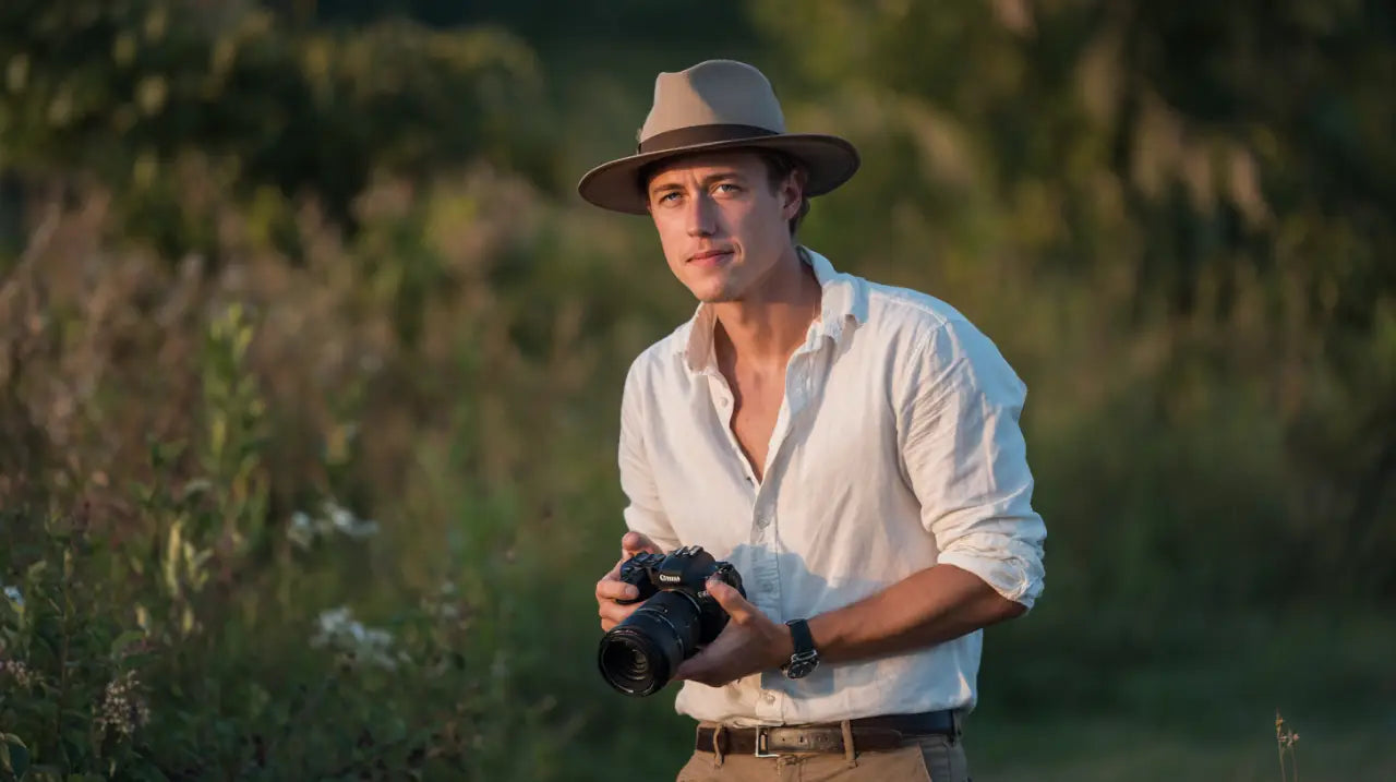 Fotografo professionista con cappello Panama durante shooting outdoor estate