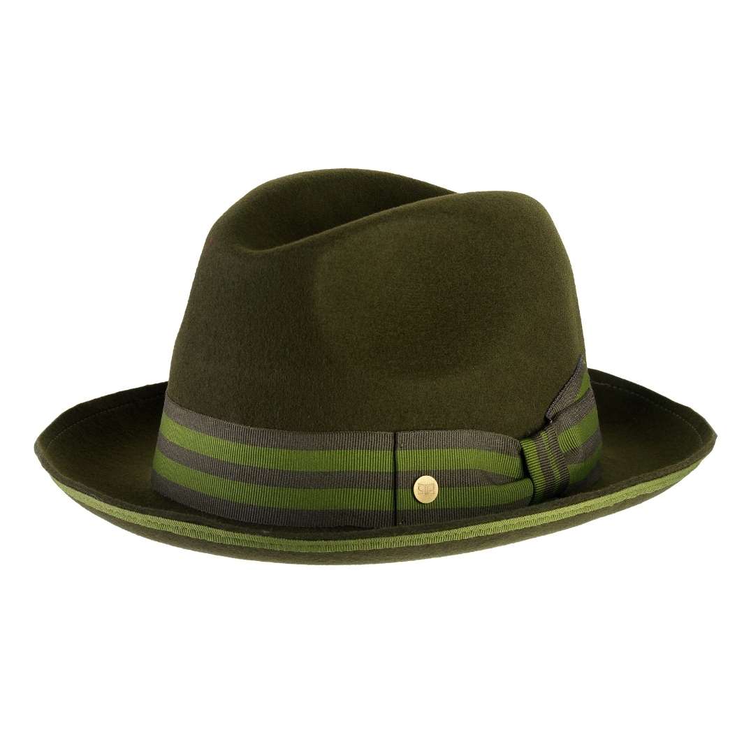 Cappello Trilby Jazz color Verde Oliva, in feltro di lana merinos da uomo, foto con vista inclinata - Primario Nesti