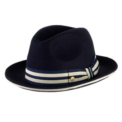 Cappello Trilby Jazz color Blu Navy, in feltro di lana merinos da uomo, foto con vista inclinata - Primario Nesti