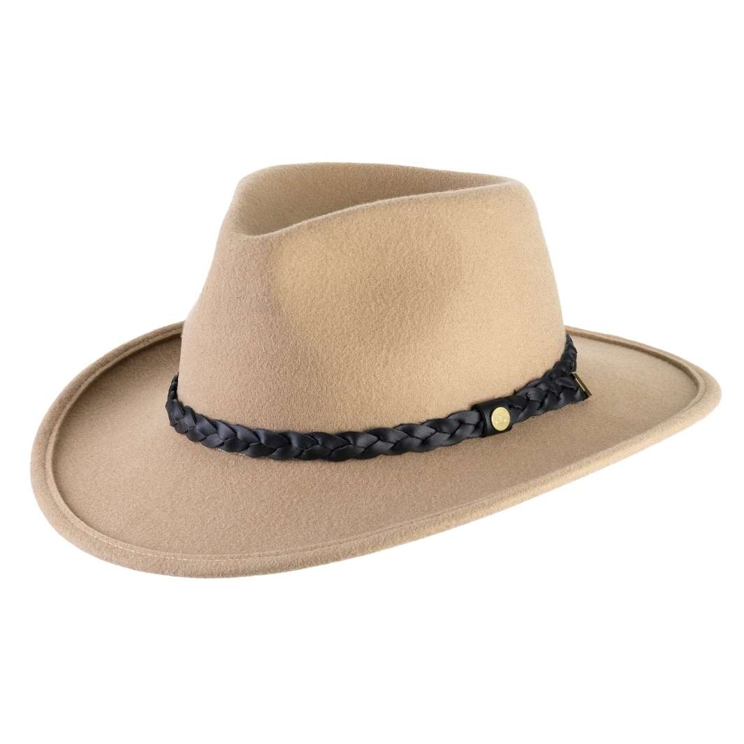 Cappello Fedora Australiano color Sabbia, in feltro antipioggia da uomo, foto con vista inclinata - Primario Nesti