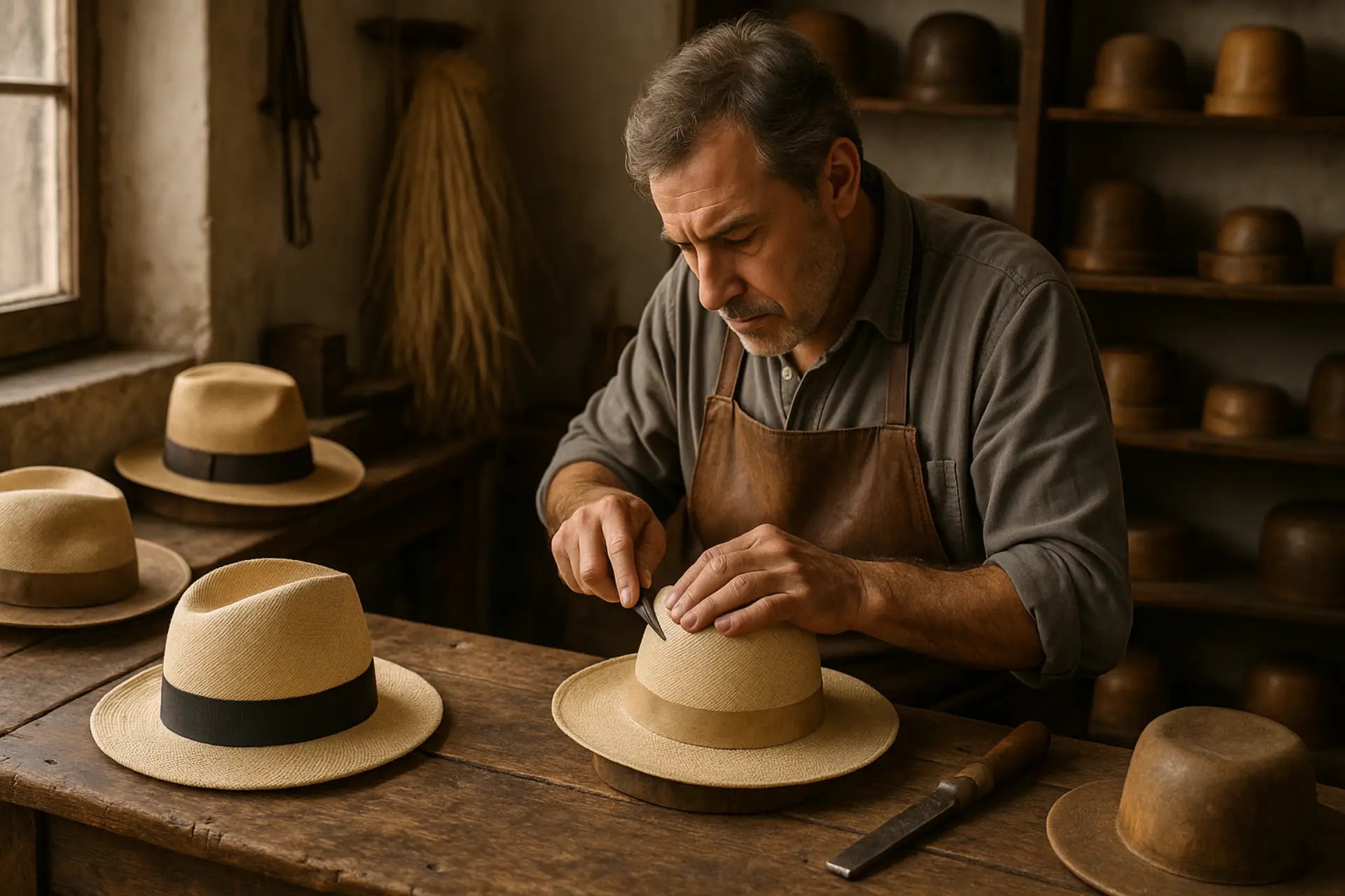 Artigiano cappellaio lavora cappello panama fedora tradizionale atelier