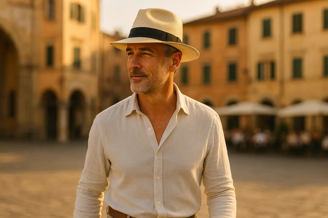 Uomo elegante cappello estivo protezione solare estate italiana