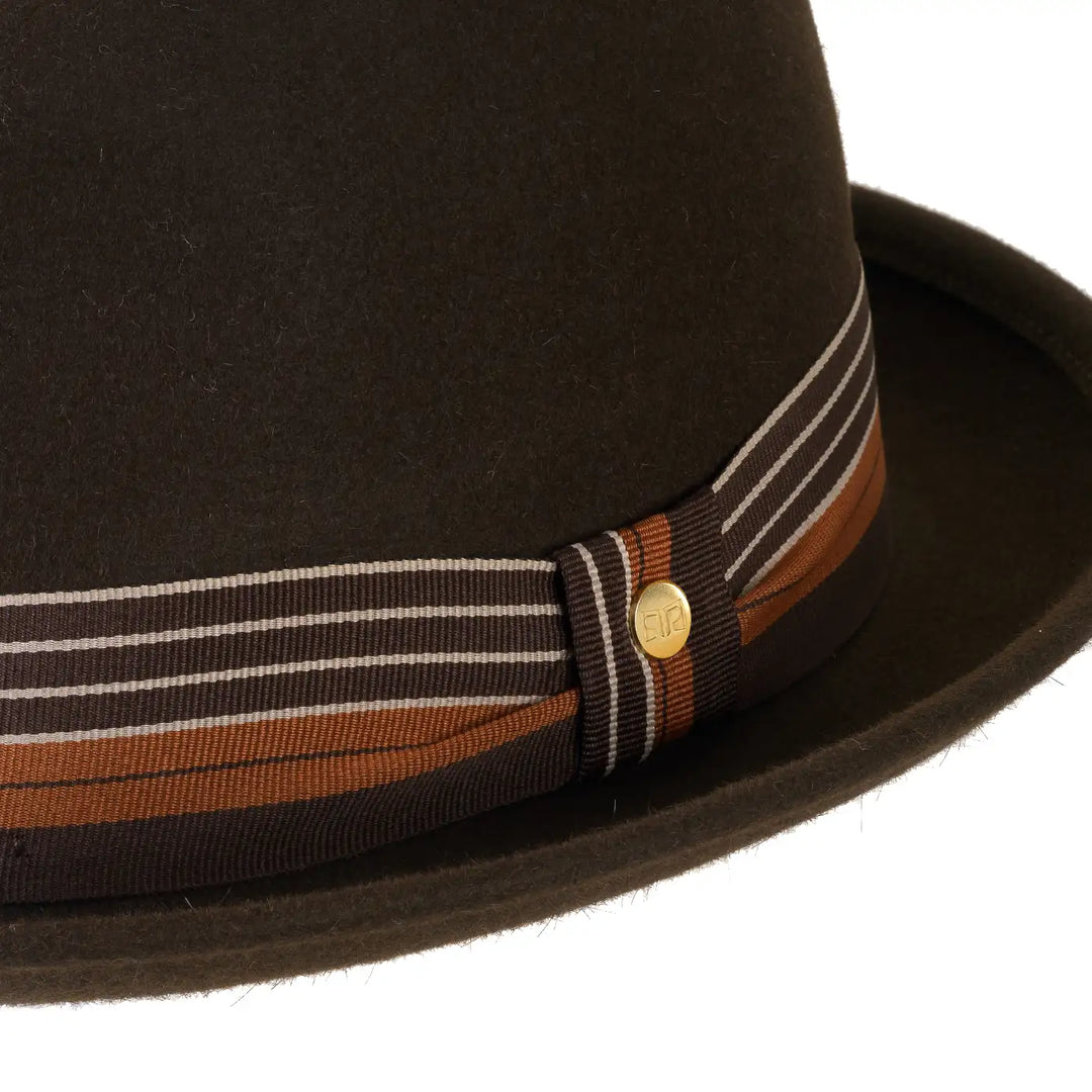 cappello lobbia homburg in feltro raso di lapin con fodera da uomo color moro elegante foto con vista dettaglio ravvicinato primario nesti
