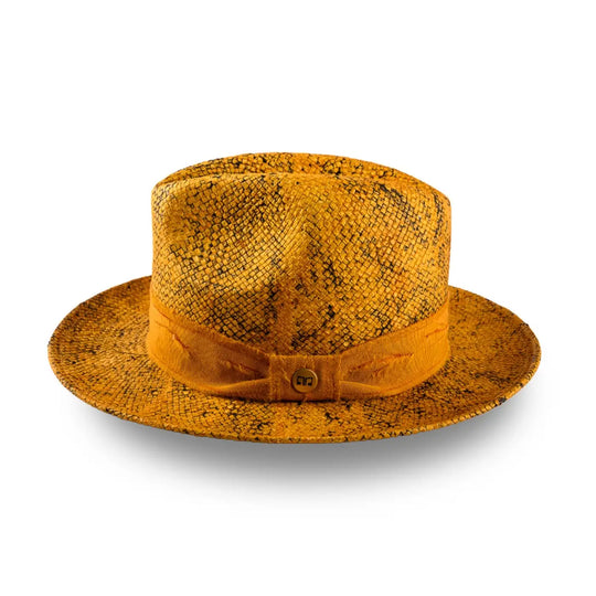 cappello trilby a tesa media stonewashed da uomo foto con vista laterale color ocra primario nesti