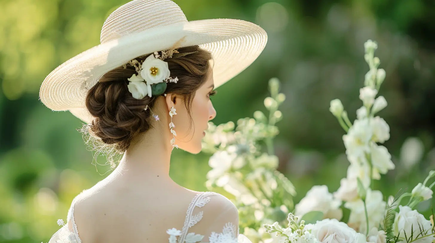 Matrimonio giardino estate 2025 sposa cappello elegante fiori