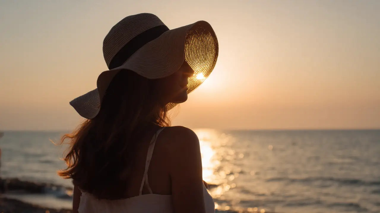 Silhouette donna cappello tesa larga tramonto spiaggia italiana