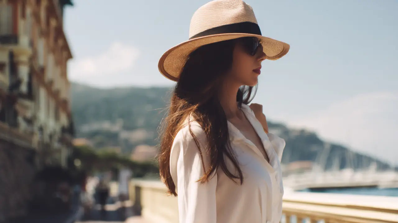 Eleganza balneare italiana donna cappello tesa larga mare Riviera
