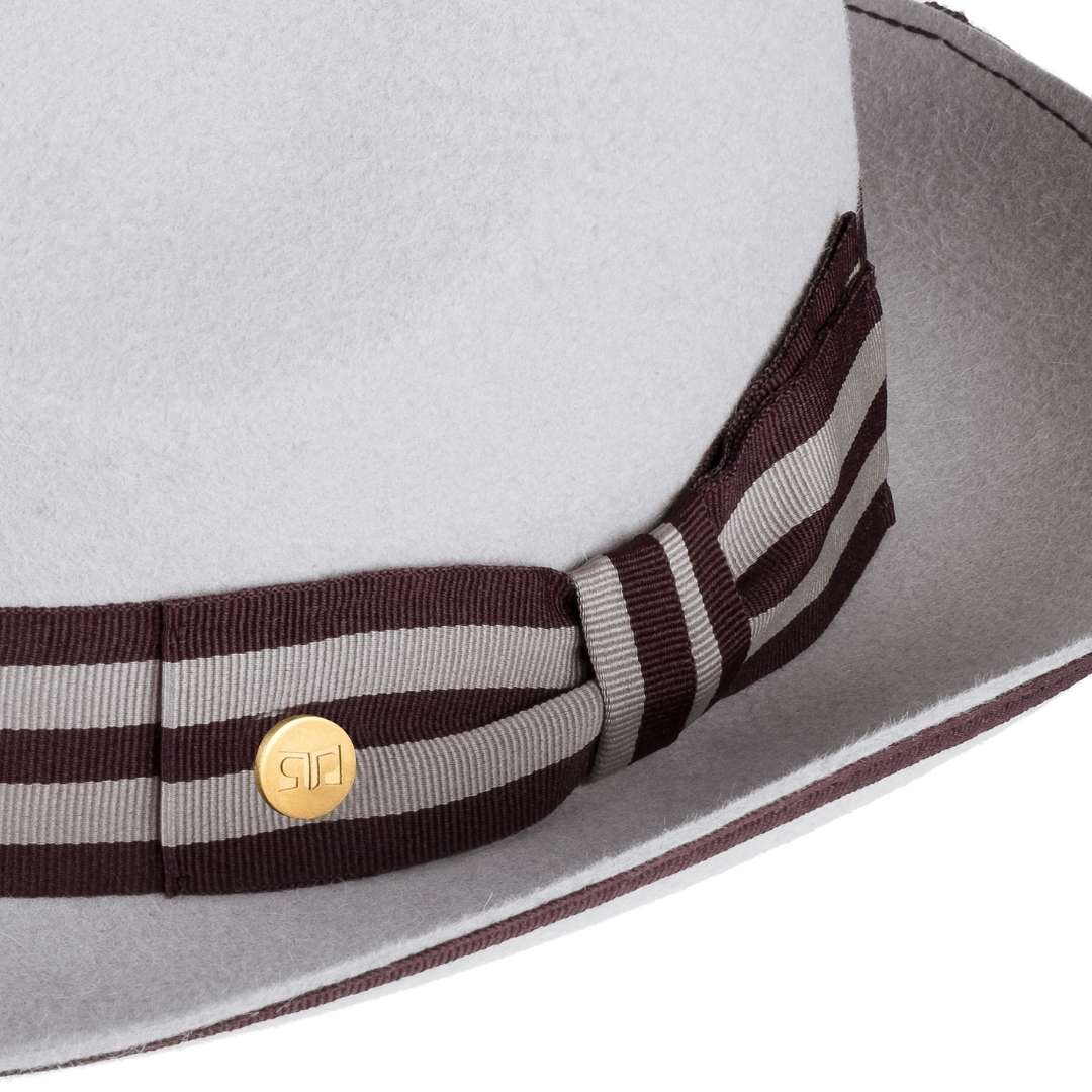 Cappello Trilby Jazz color Perla, in feltro di lana merinos da uomo, foto con vista dettaglio ravvicinato - Primario Nesti